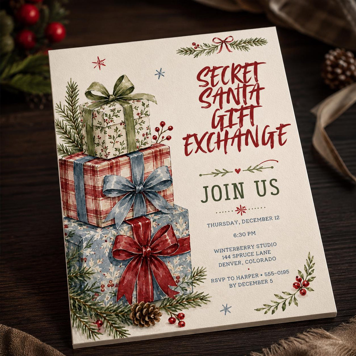 Secret Santa Gift Exchange Invitation: Holiday Gift Swap Event — Christmas celebration stationery by VoltBy