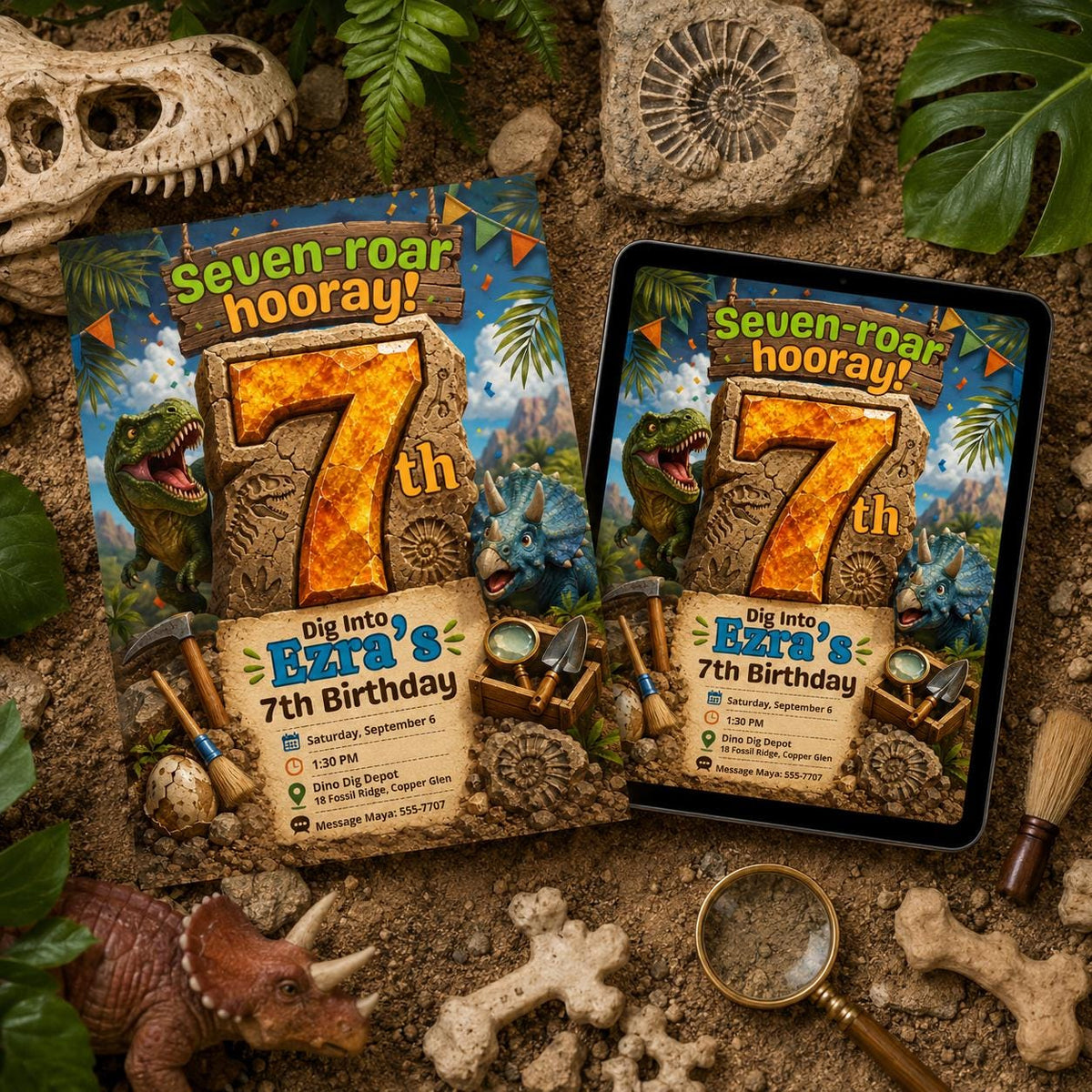 Seven-Roar Dinosaur 7th Birthday Invitation with Fossil Frame — tools artwork in brown and green