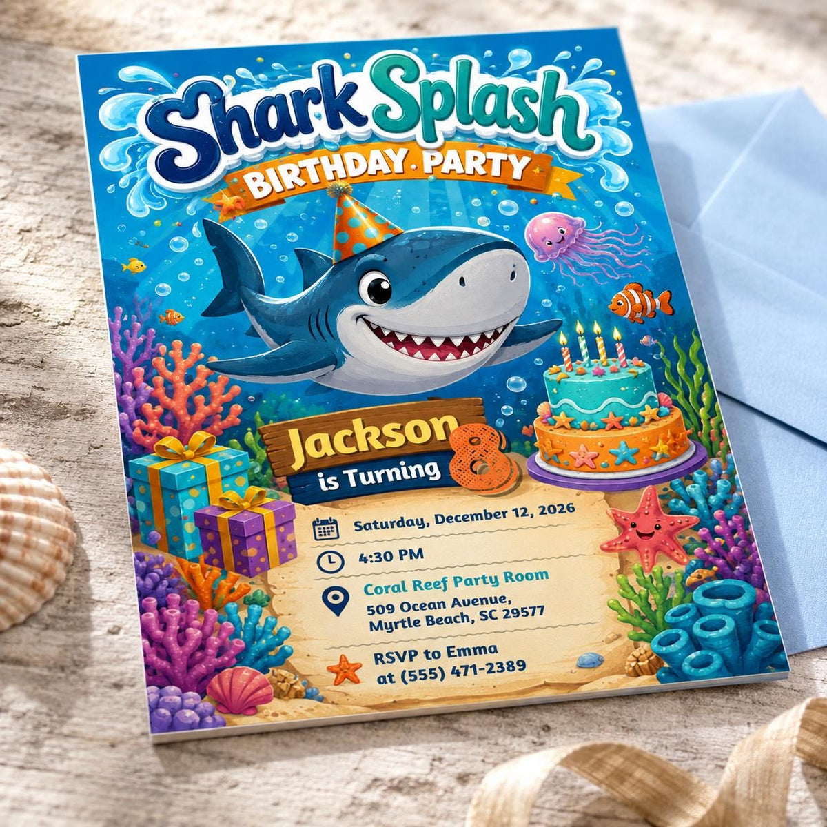 Shark 8th Birthday Invitation: Under the Sea 8th Birthday — digital invitation, instant download