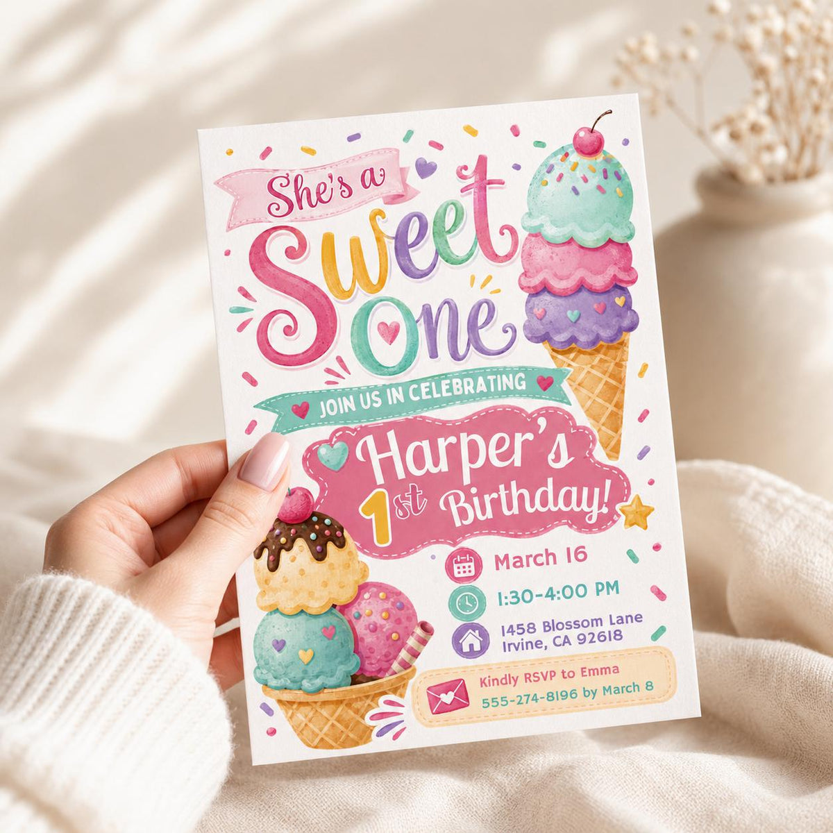 She's a Sweet One Ice Cream Birthday Invitation — digital invitation, instant download
