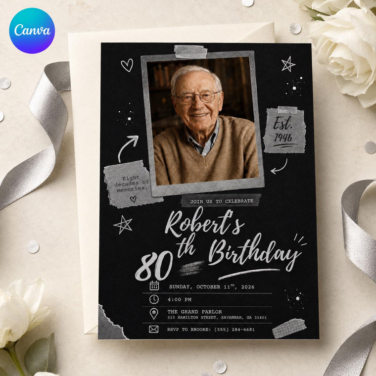 Silver and Black 80th Birthday Invitation with Photo
