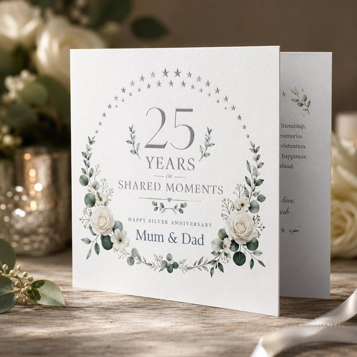 Silver Floral 25th Anniversary Greeting Card for Mum and Dad — wedding stationery by VoltBy
