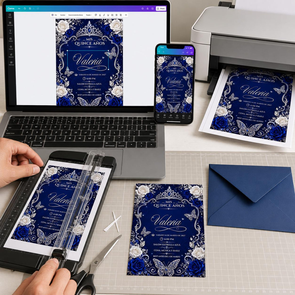 Silver Royal Blue Quinceanera Invitation — digital invitation, instant download