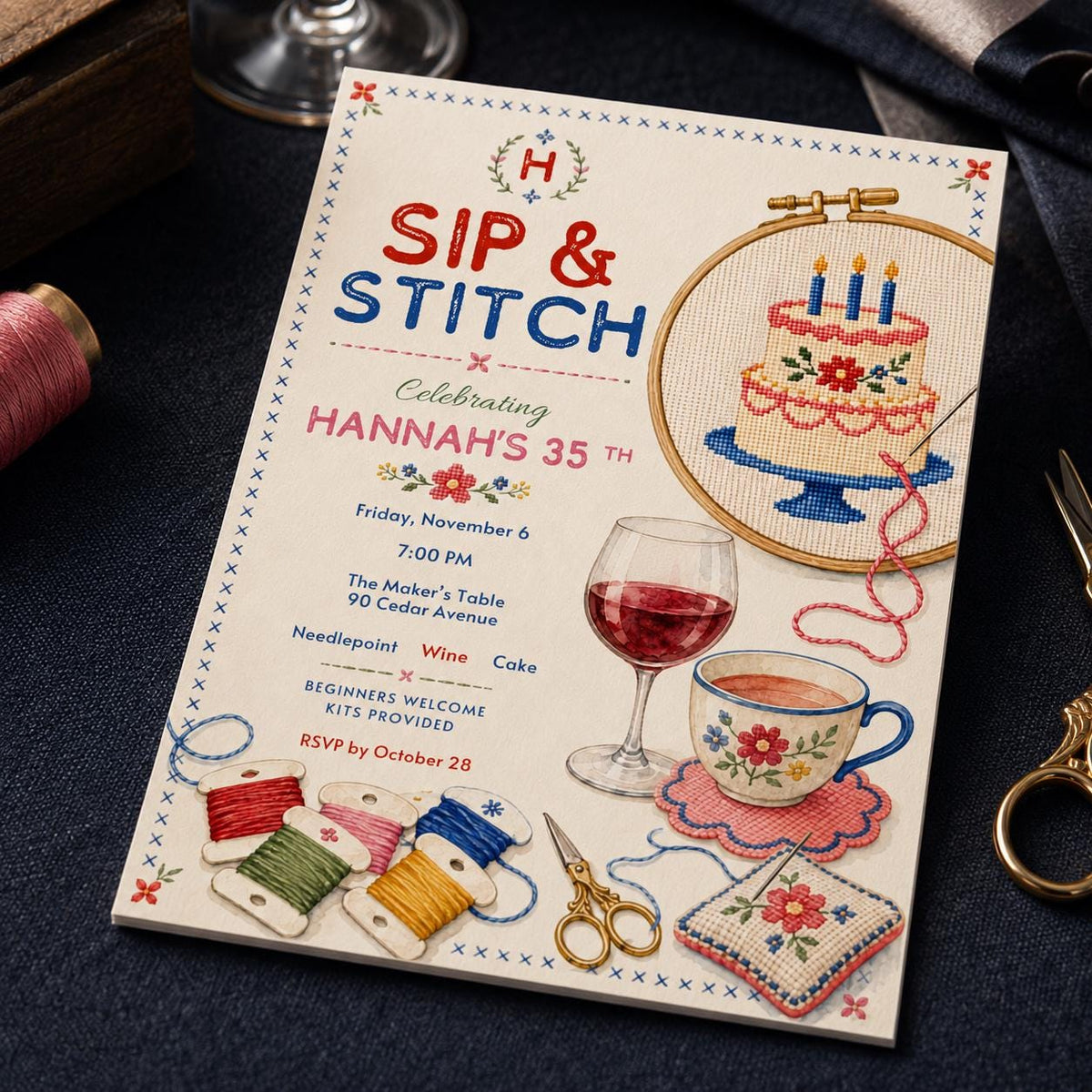Sip and Stitch 35th Birthday Invitation — embroidery 35th birthday party design