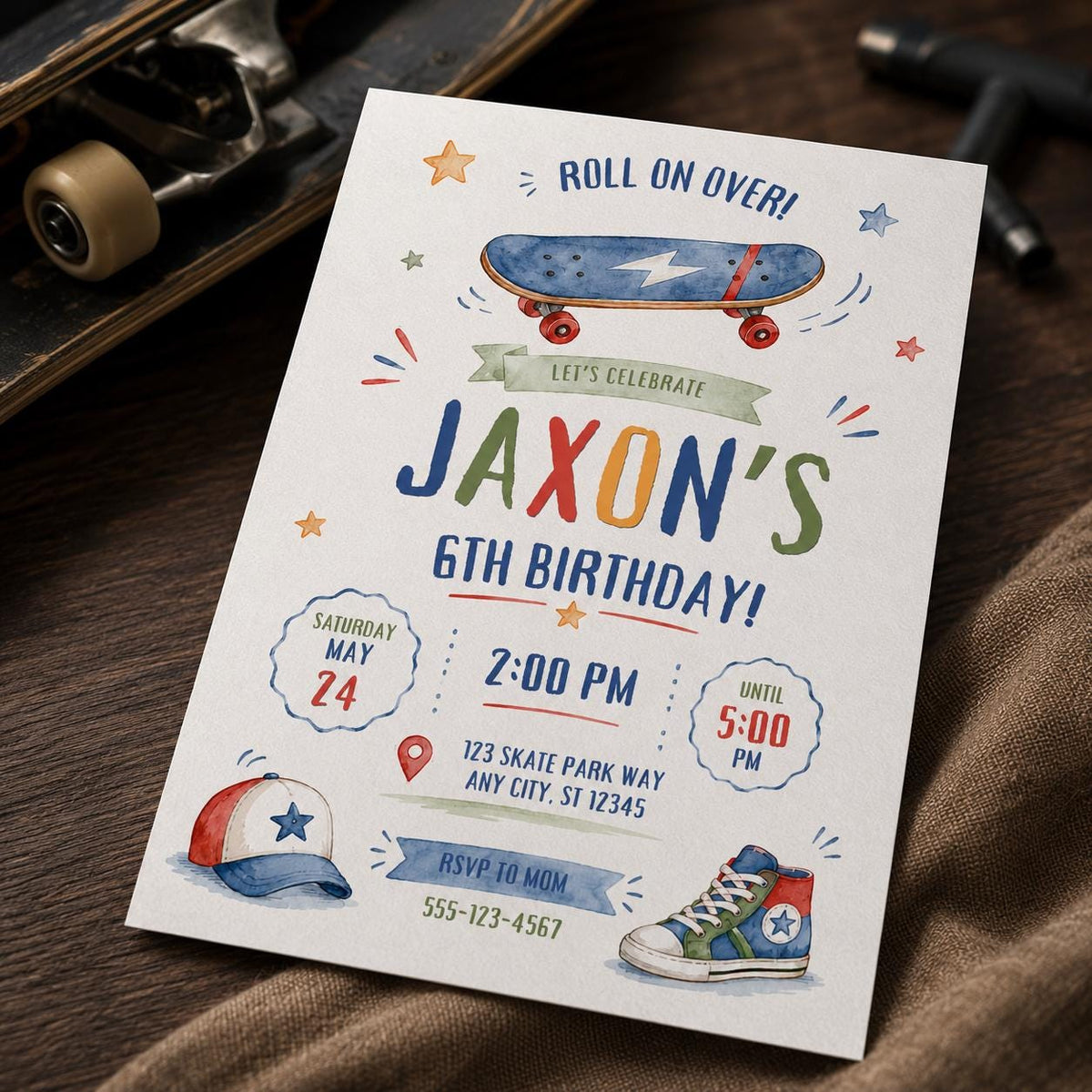 Skateboard 6th Birthday Invitation for Boys — 6th birthday party stationery by VoltBy