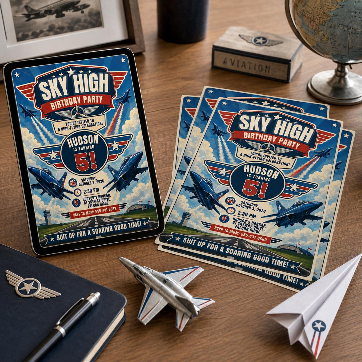 Sky High Airplane 5th Birthday Invitation — digital invitation, instant download