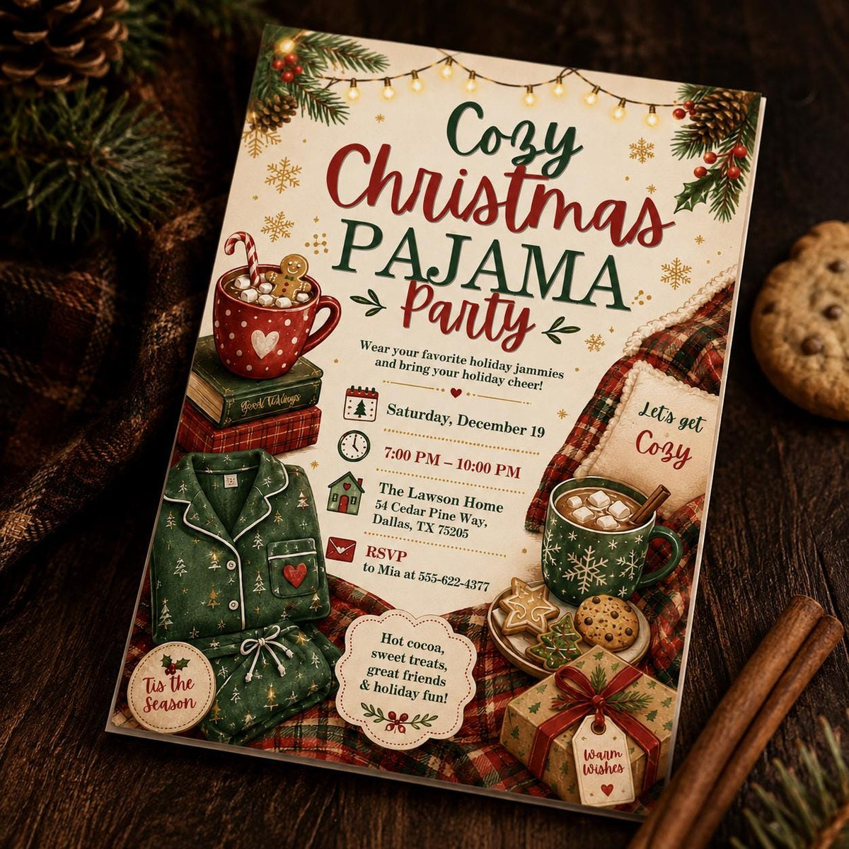 Sleepover Christmas Pajama Party Invitation: Cozy Holiday PJ Party — Christmas celebration stationery by VoltBy