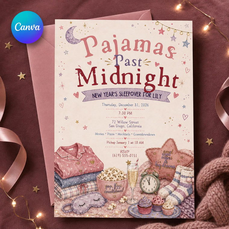 Sleepover New Year's Eve Pajama Party Invitation for Girls