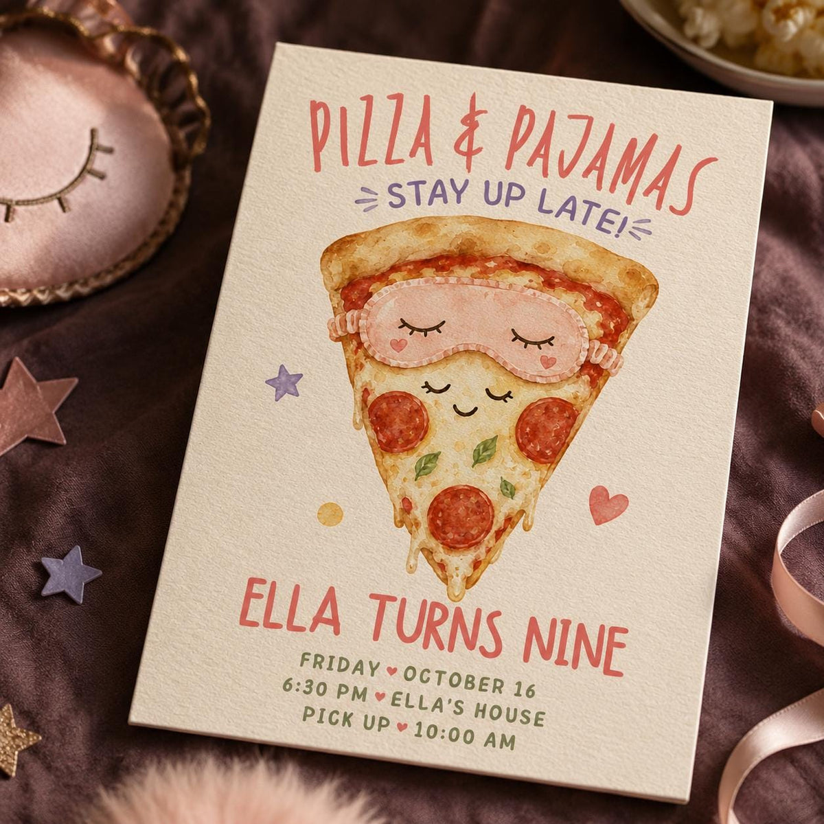 Sleepover Pizza and Pajamas Birthday Invitation for Girls — birthday party stationery by VoltBy