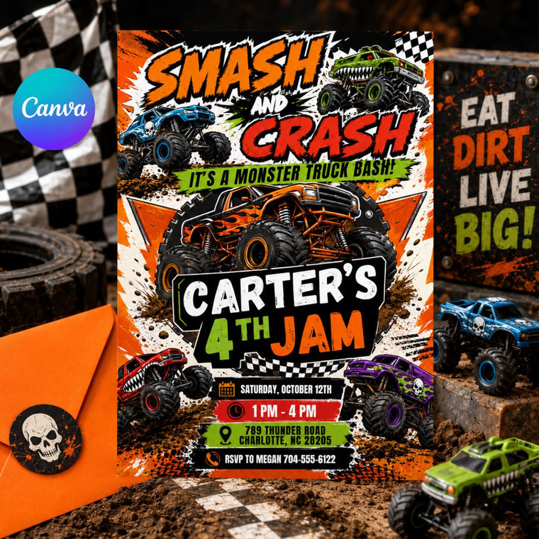 Smash and Crash Monster Truck 4th Birthday Invitation