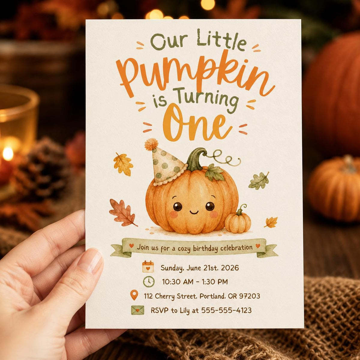 Smiling Little Pumpkin First Birthday Invitation — leaf artwork in cream and green