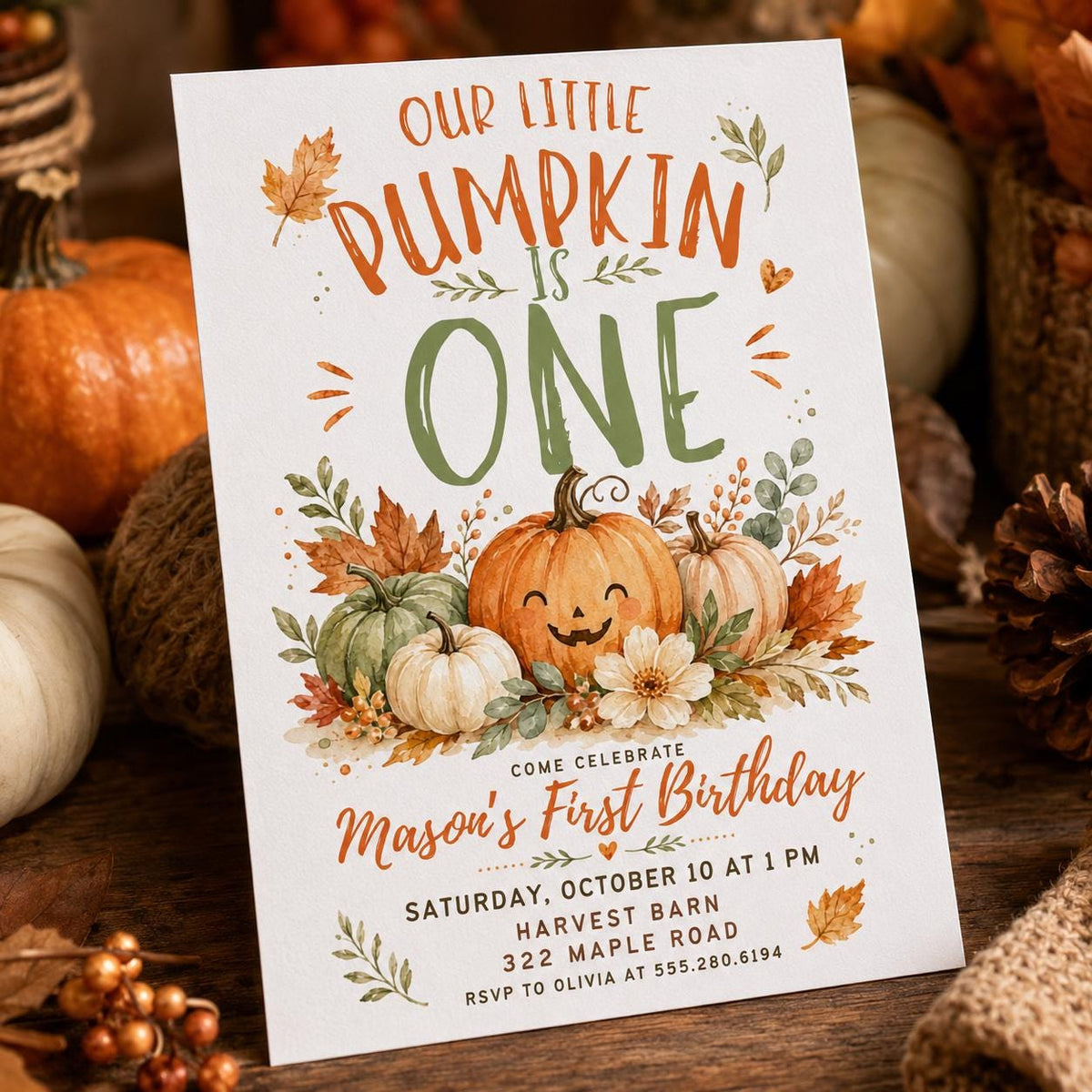 Smiling Pumpkin Harvest First Birthday Invitation — digital invitation, instant download