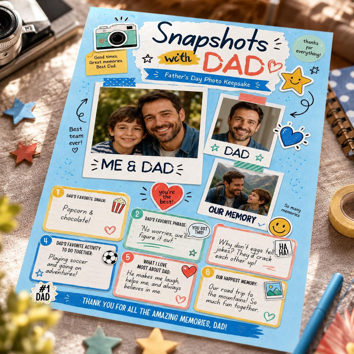Snapshots with Dad Father's Day Photo Keepsake — camera artwork in blue and pink