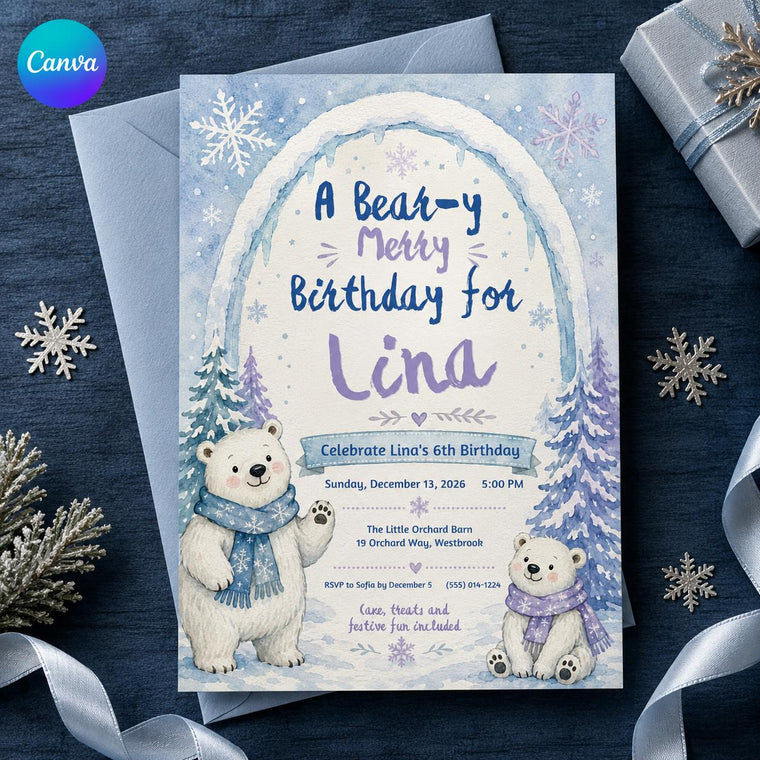 Snowflake Polar Bear Birthday Invitation for Girls