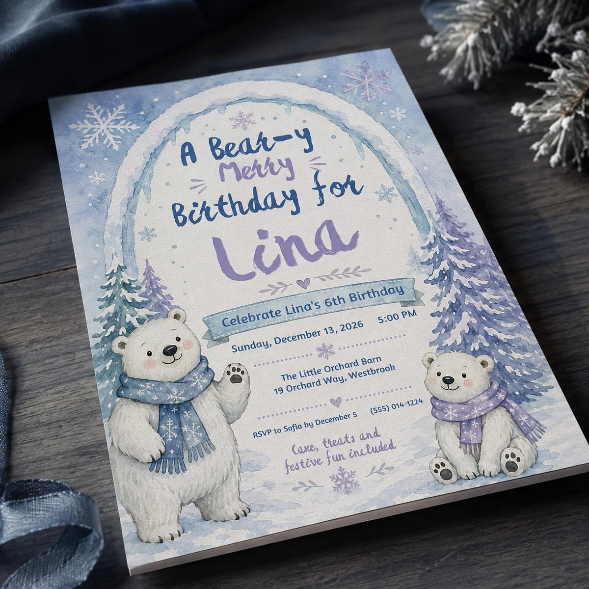 Snowflake Polar Bear Birthday Invitation for Girls — digital invitation, instant download