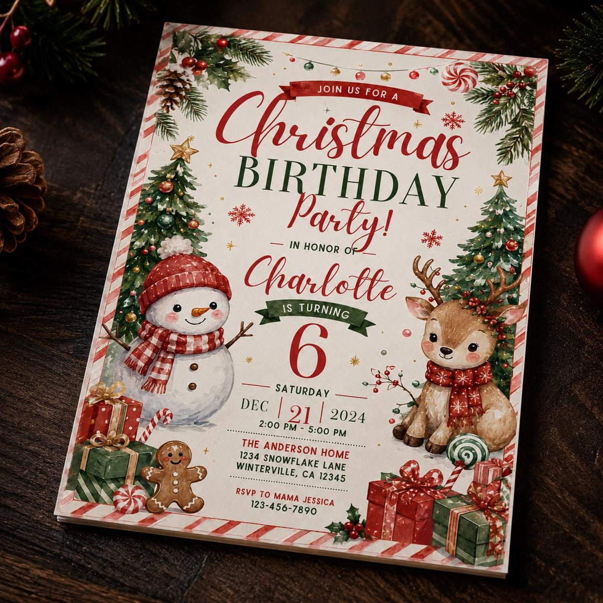 Snowman and Reindeer Christmas 6th Birthday Invitation — candy artwork in green red