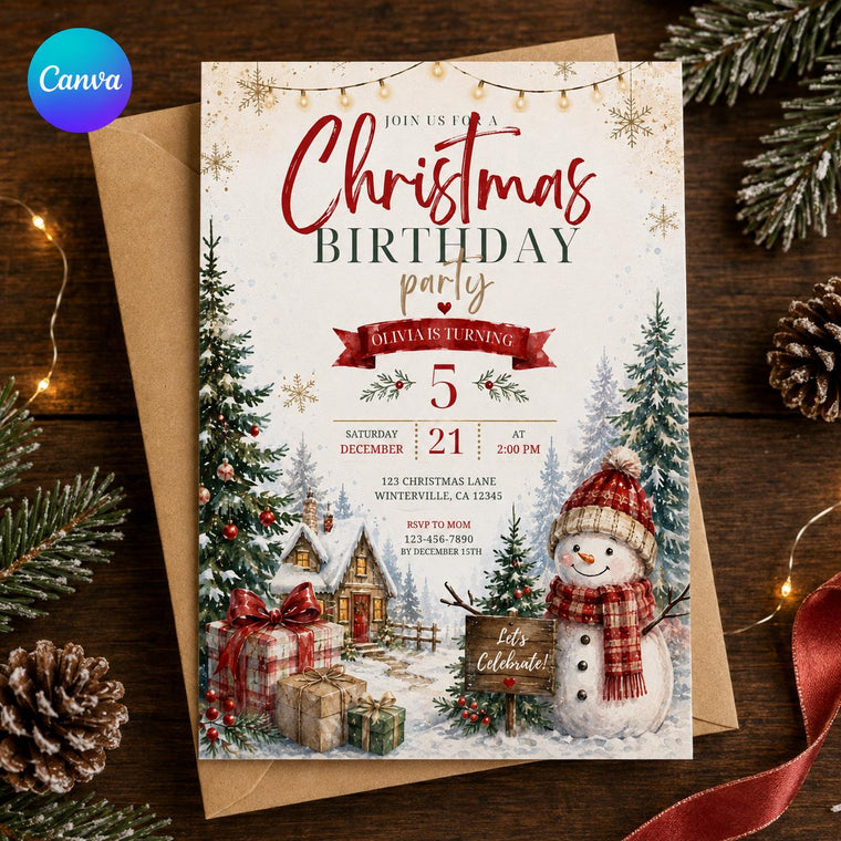 Snowman Christmas 5th Birthday Invitation for Girls