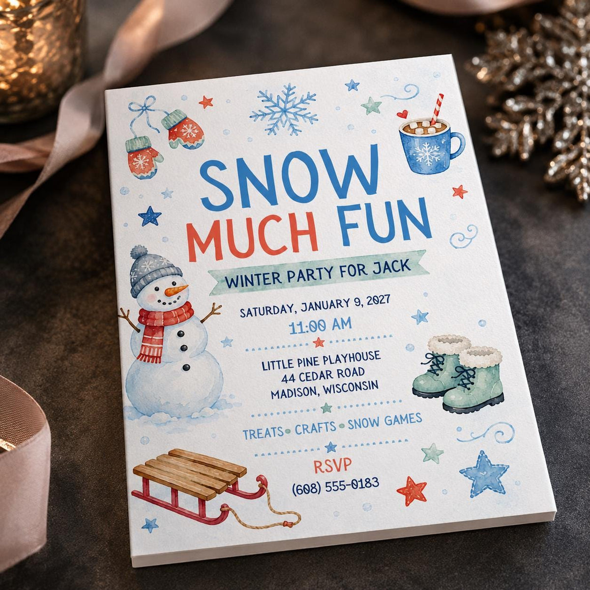 Snowman Snowy Ski Birthday Winter Party Invitation — birthday party stationery by VoltBy