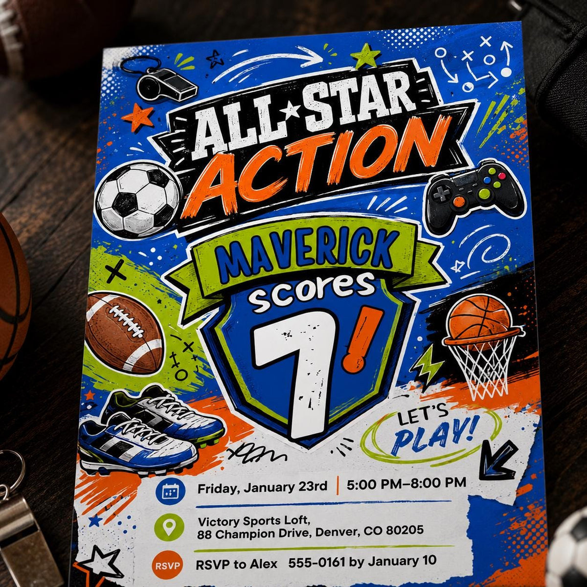 Soccer All Star Sports 7th Birthday Invitation — digital invitation, instant download