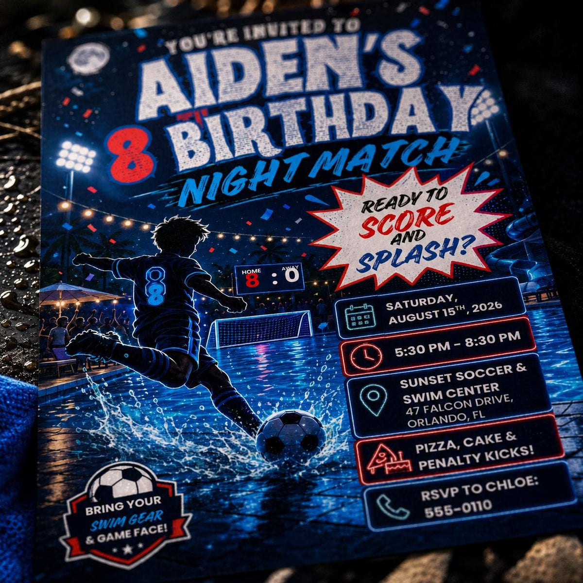 Soccer Night Match 8th Birthday Invitation for Boys — digital invitation, instant download