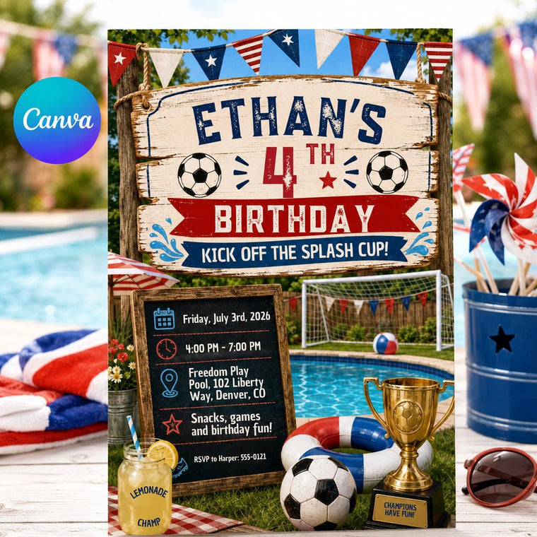 Soccer Splash Cup 4th Birthday Invitation for Boys