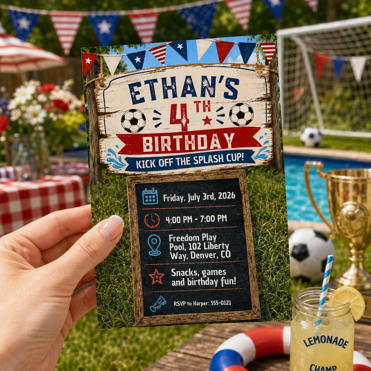 Soccer Splash Cup 4th Birthday Invitation for Boys — digital invitation, instant download