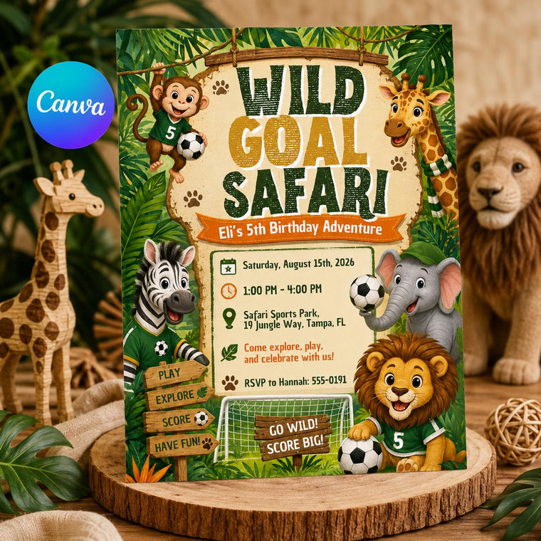 Soccer Wild Goal Safari 5th Birthday Invitation for Boys