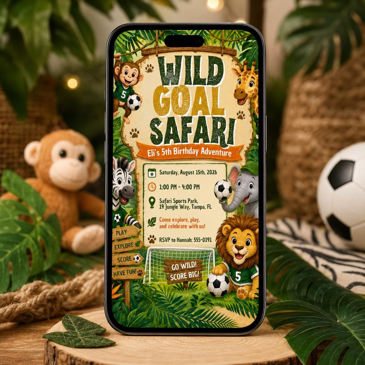 Soccer Wild Goal Safari 5th Birthday Invitation for Boys — 5th birthday party stationery by VoltBy