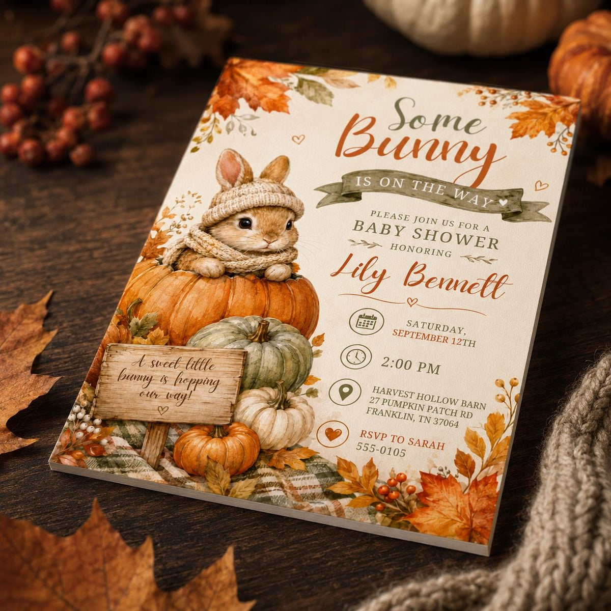 Some Bunny Is on the Way Baby Shower Invitation — pumpkin artwork in neutral