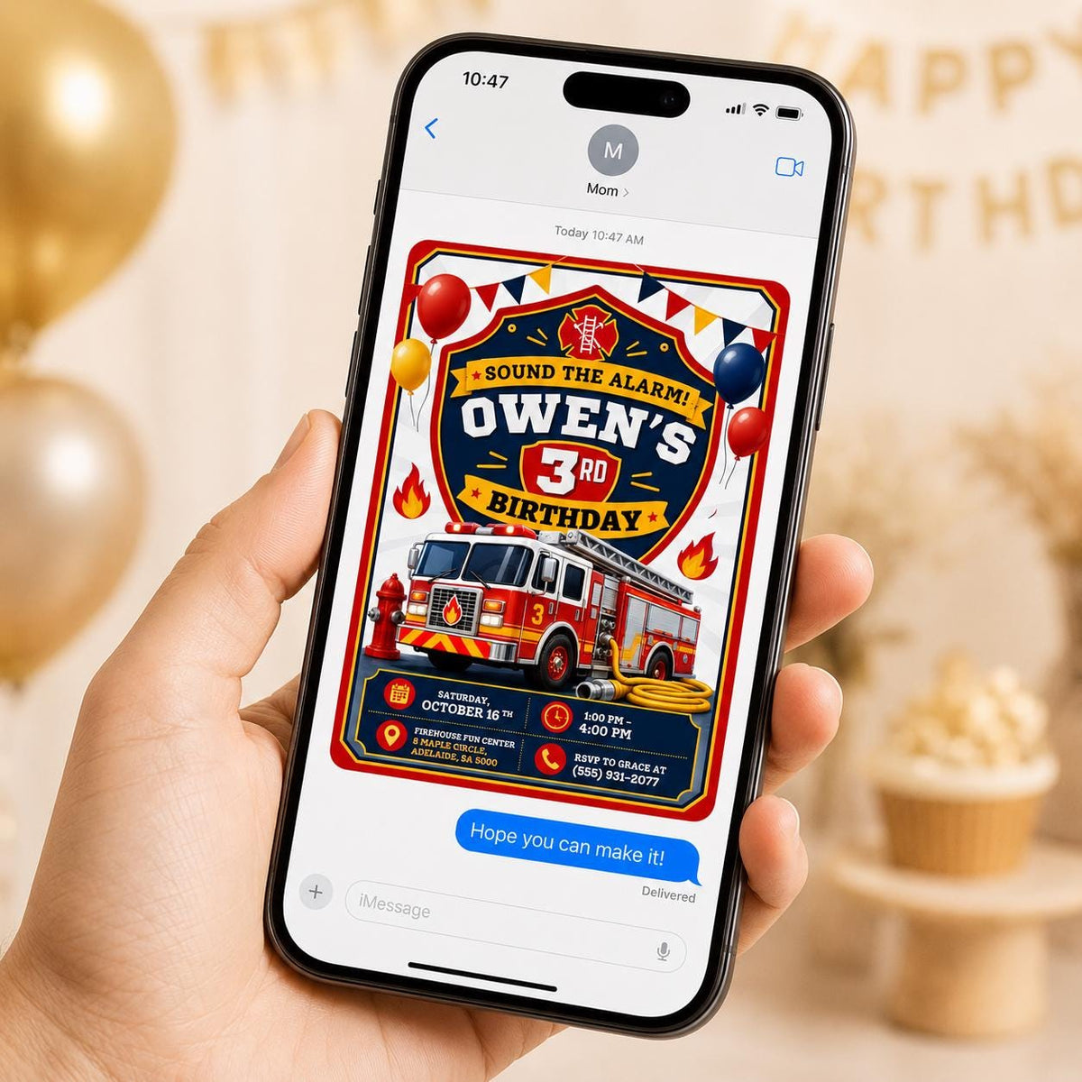 Sound the Alarm Fire Truck 3rd Birthday Invitation — balloon artwork in blue and red