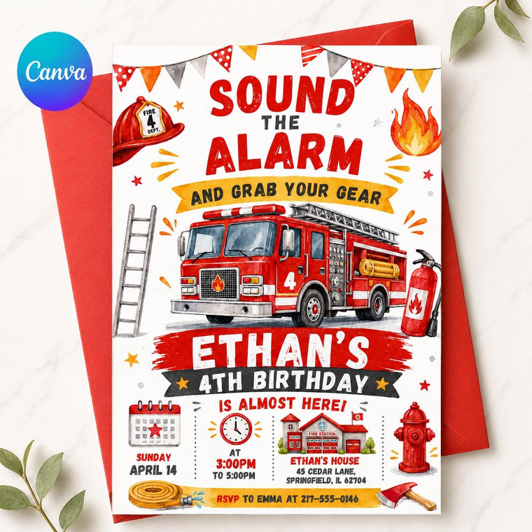 Sound the Alarm Fire Truck 4th Birthday Invitation with Ladder