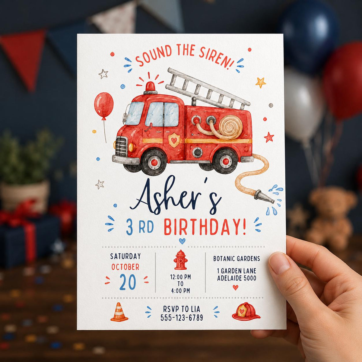 Sound the Siren Fire Truck 3rd Birthday Invitation — watercolor 3rd birthday party design