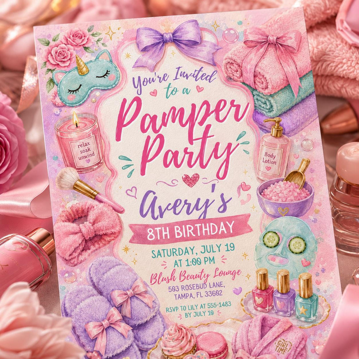 Spa Pamper Party 8th Birthday Invitation for Girls — digital invitation, instant download
