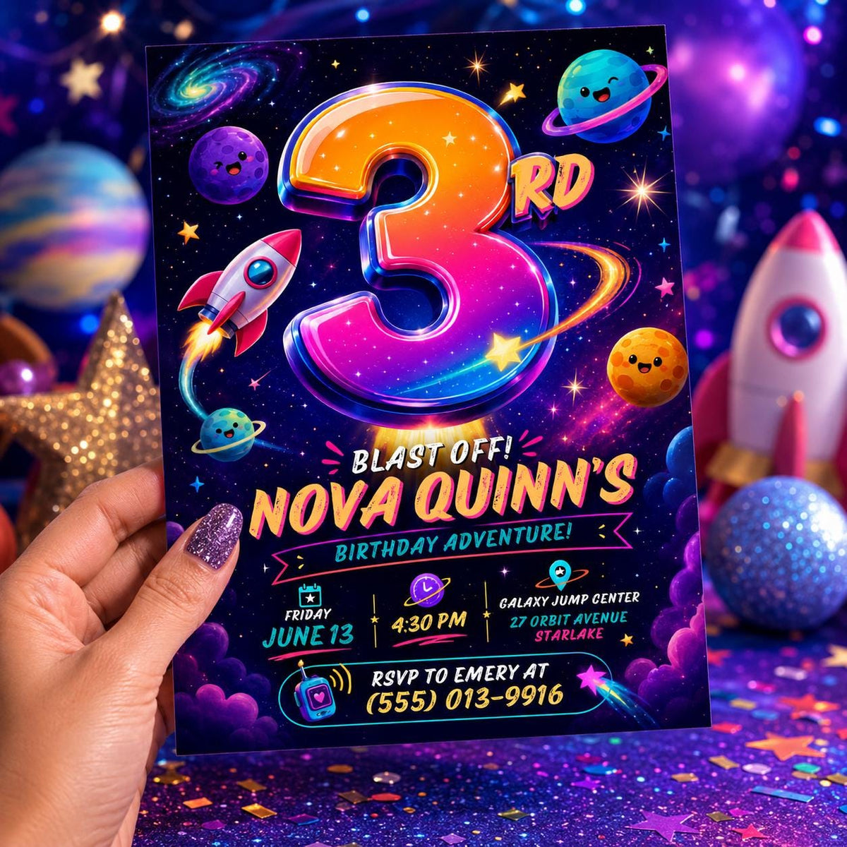Space 3rd Birthday Invitation — 3rd birthday party stationery by VoltBy