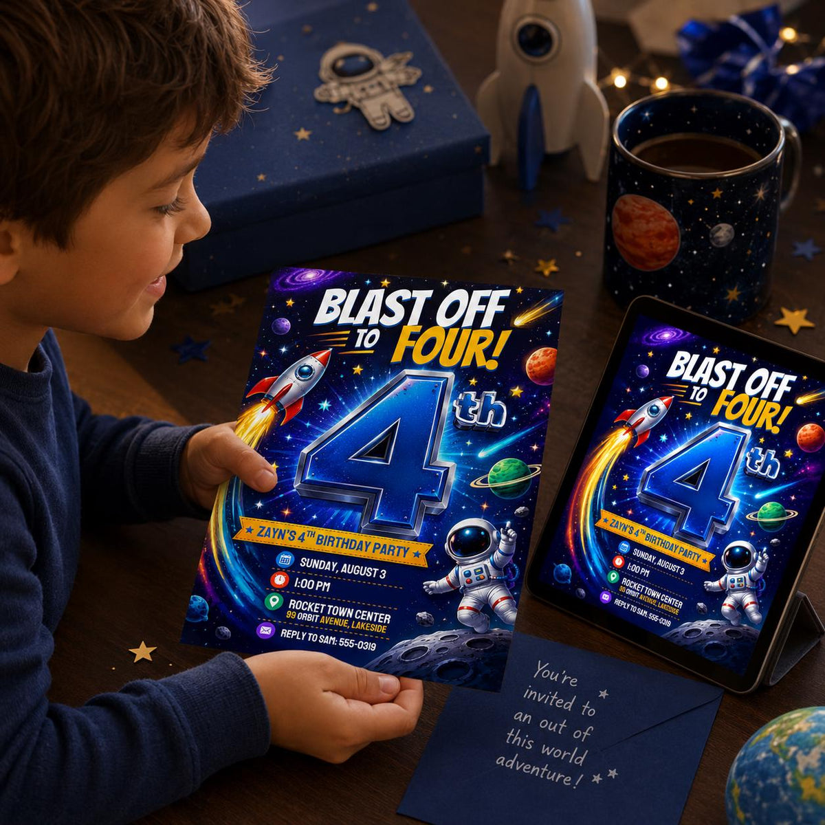 Space 4th Birthday Invitation — 4th birthday party stationery by VoltBy