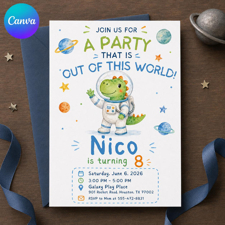 Space Dinosaur 8th Birthday Invitation: Astronaut Dino 8th Birthday