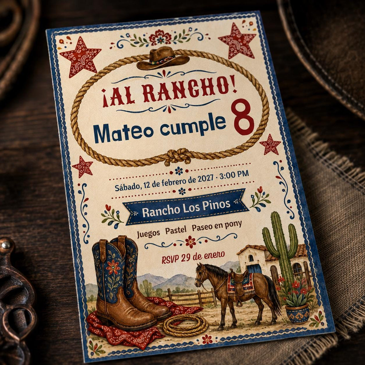 Spanish Cowboy 8th Birthday Invitation — 8th birthday party stationery by VoltBy