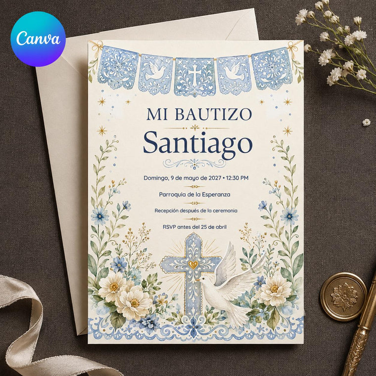 Spanish Mi Bautizo Blue Papel Picado Invitation