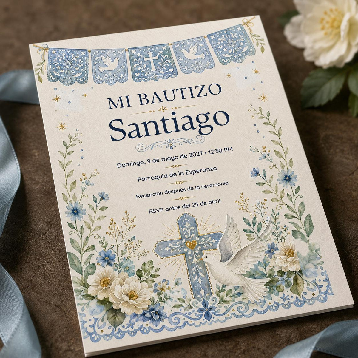 Spanish Mi Bautizo Blue Papel Picado Invitation — cross and fiesta artwork in white