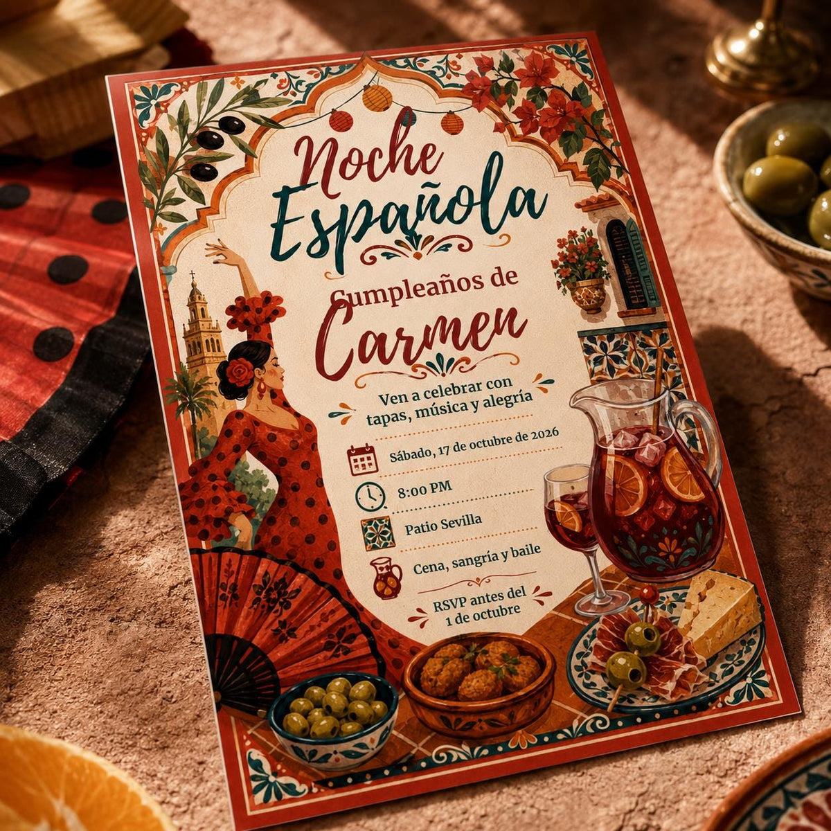 Spanish Noche Española Birthday Invitation with Sangria — digital invitation, instant download