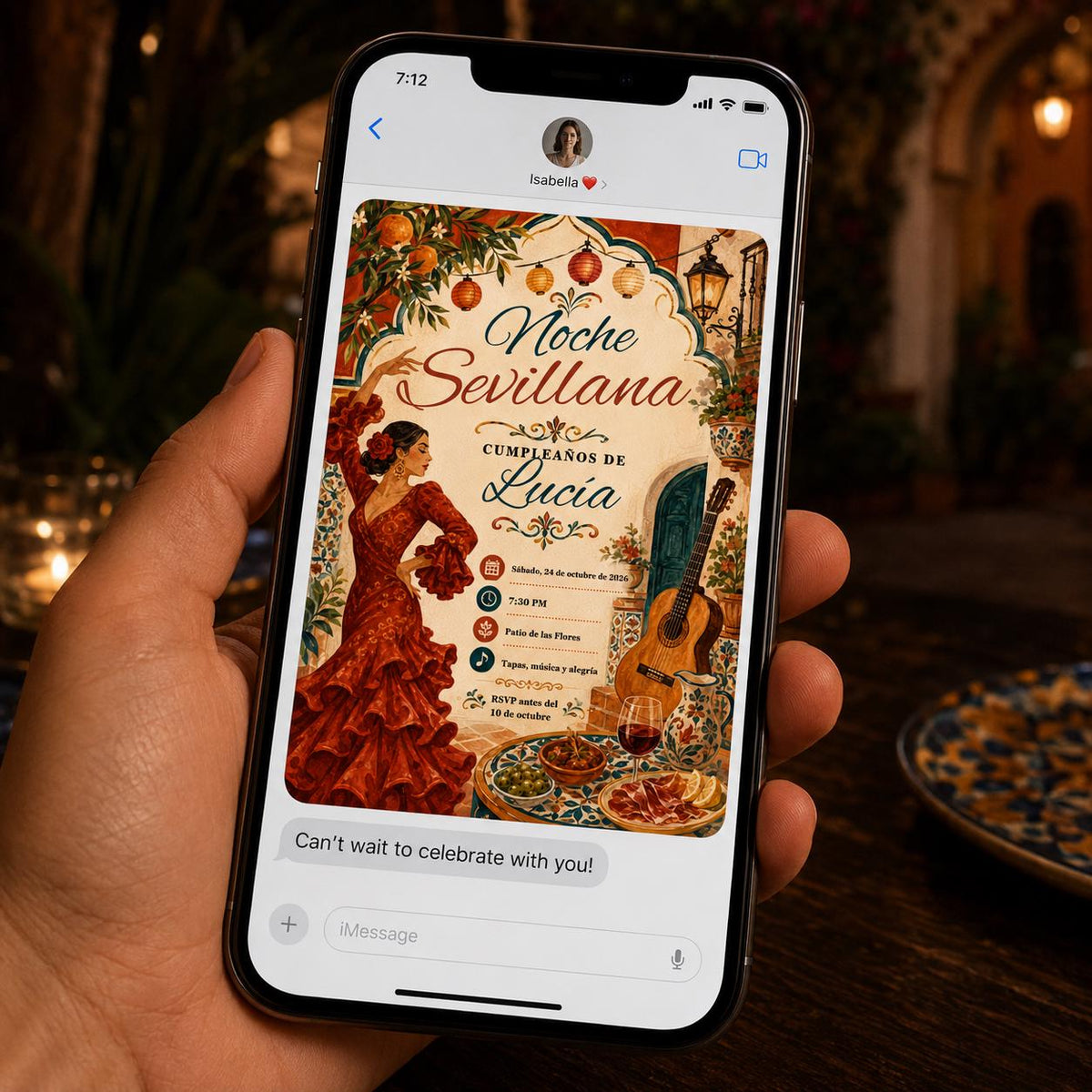 Spanish Noche Sevillana Birthday Invitation with Flamenco Dancer — lantern and orange fruit artwork in cream and orange