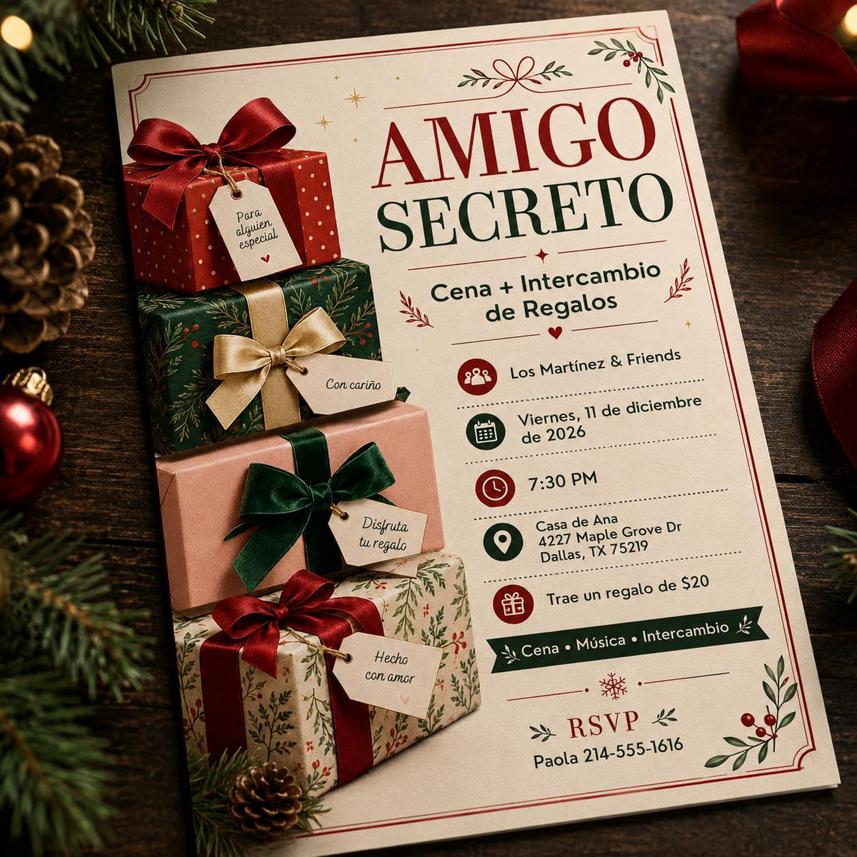 Spanish Secret Santa Invitation — Christmas celebration stationery by VoltBy