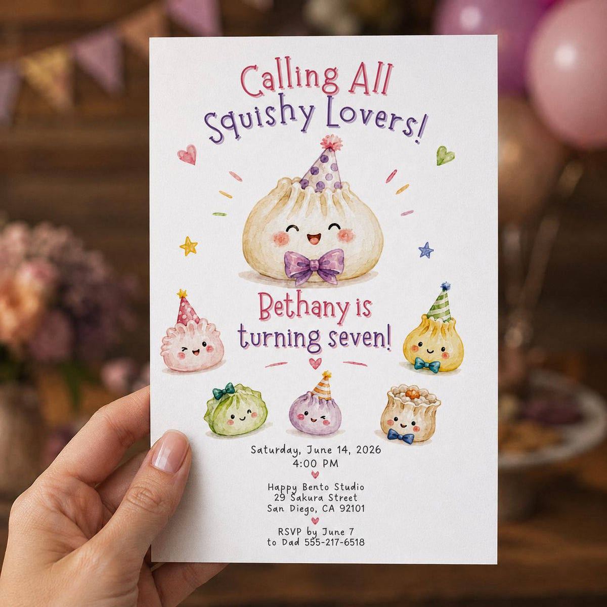 Squishy Dumpling 7th Birthday Invitation: Kawaii Dim Sum 7th Birthday Girl — 7th birthday party stationery by VoltBy