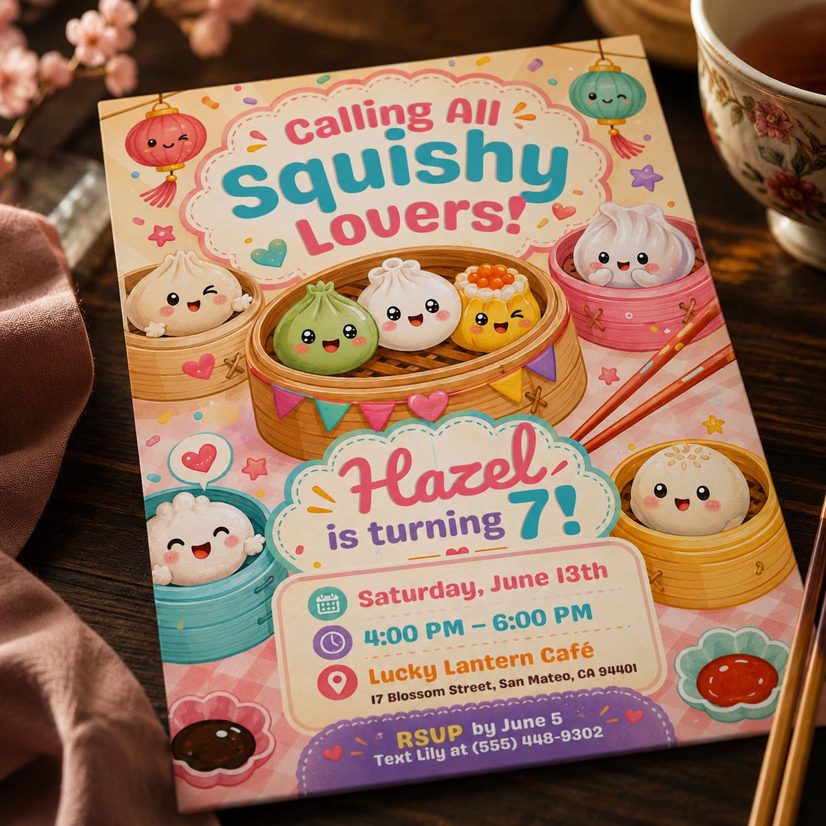 Squishy Dumpling 7th Birthday Invitation: Kawaii Dim Sum 7th Party for Girls — 7th birthday party stationery by VoltBy
