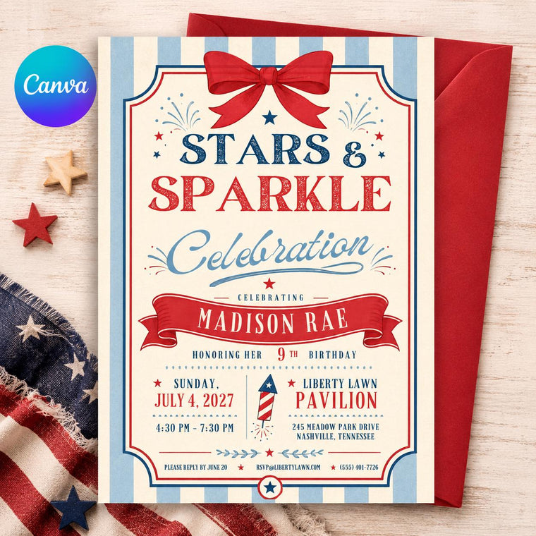 Stars and Sparkle Patriotic 9th Birthday Invitation
