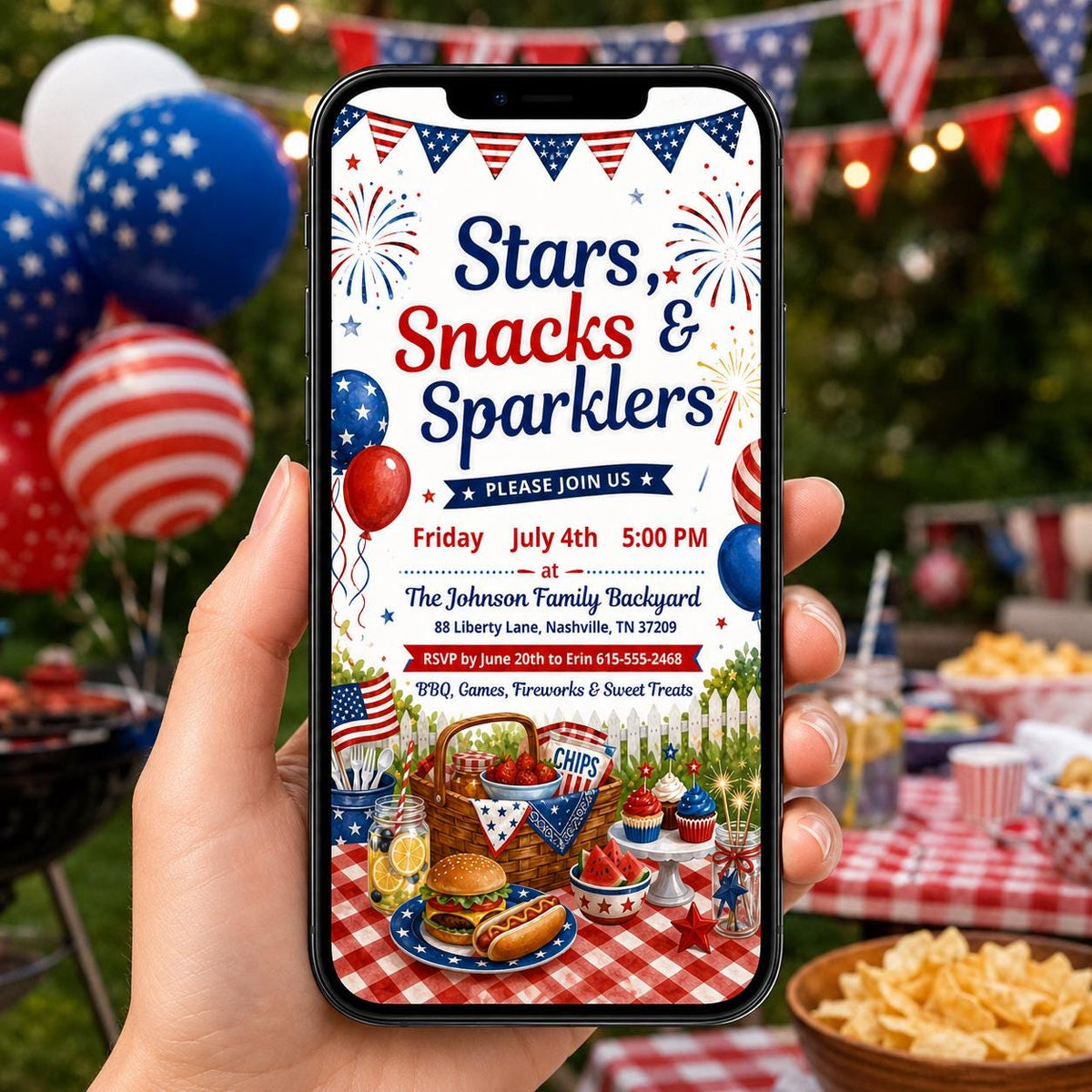Stars Snacks and Sparklers Fourth of July BBQ Invitation — print-ready Fourth of July party design from VoltBy