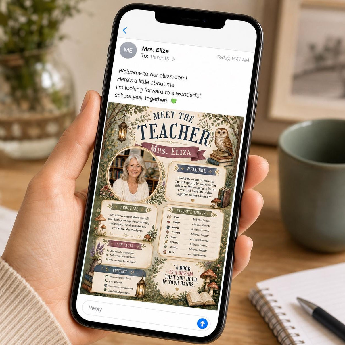 Storybook Meet the Teacher Photo Introduction Template — lantern and library artwork in brown and cream