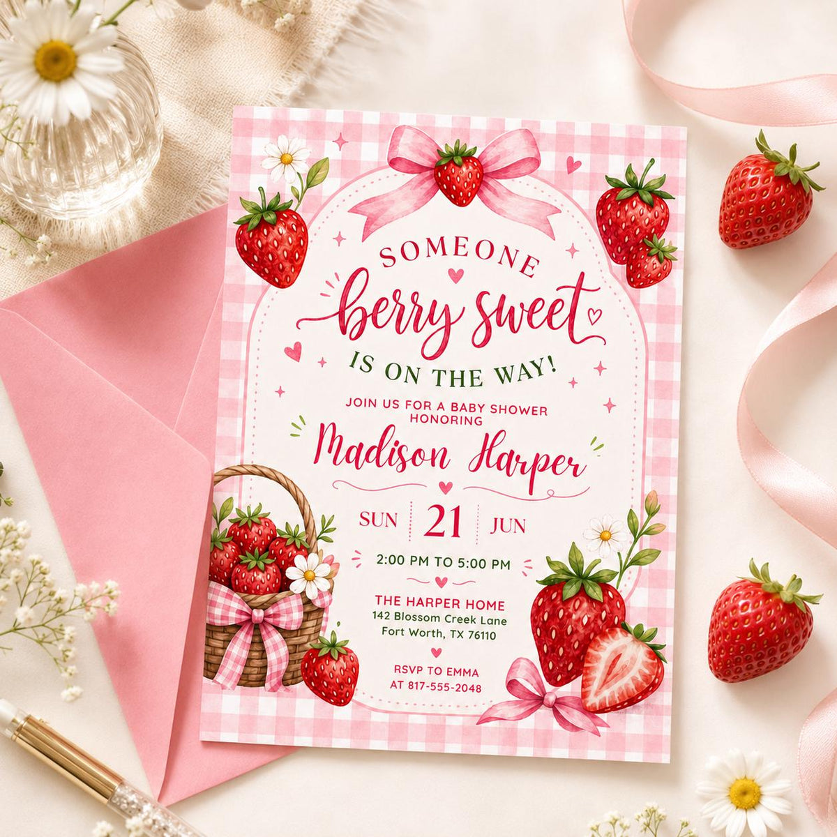 Strawberry Baby Shower Invitation with Pink Gingham — print-ready baby shower design from VoltBy
