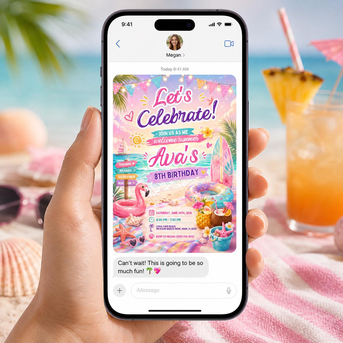 Summer Pool Party 8th Birthday Invitation with Pastel Floats — tropical artwork in pink and teal