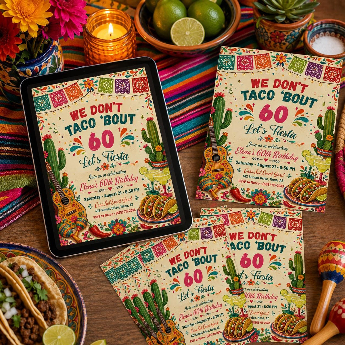 Taco 60th Birthday Invitation — 60th birthday party stationery by VoltBy